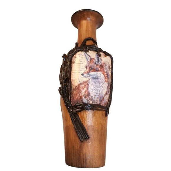 Wooden Fence Post Vase With Fox Design & Faux Grass Grain Arrangement 28" tall W - Picture 2 of 15